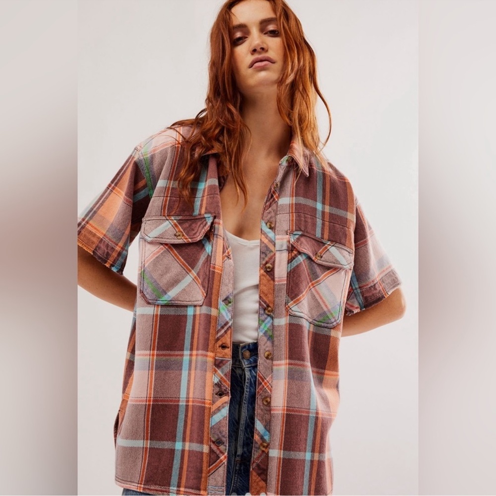 We The Free Plaid Short-Sleeve Button-Up Camisole in Brown and Orange